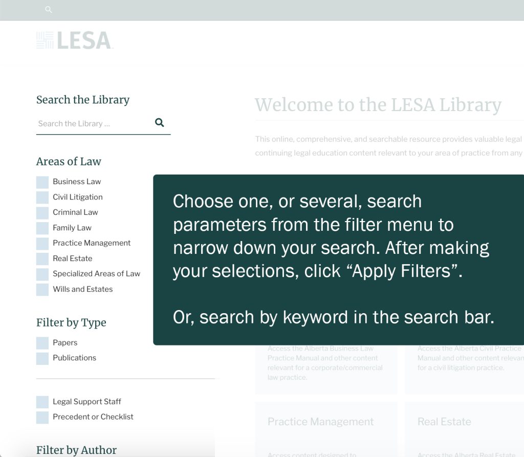 Search the LESA Library with the filter menu